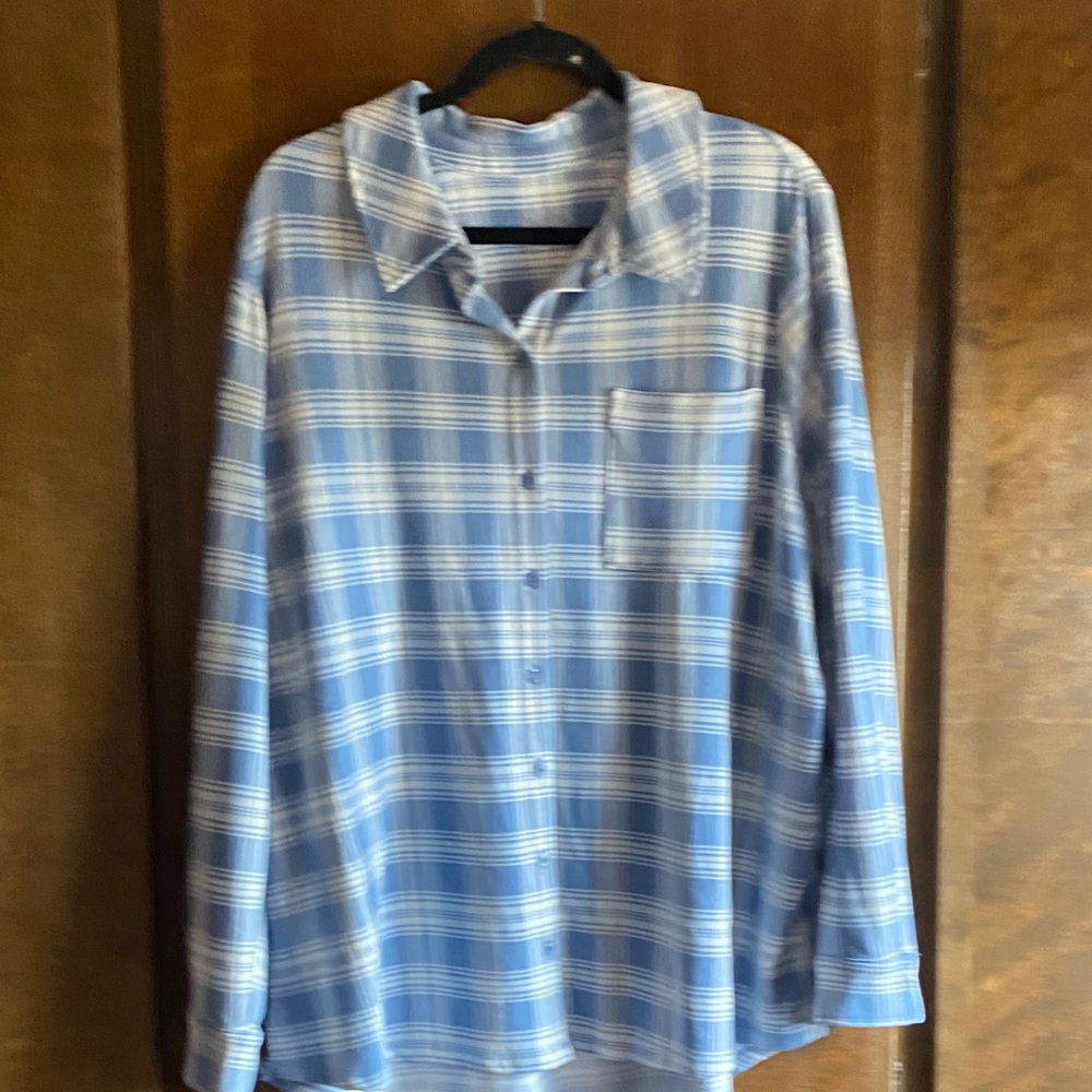 Denim&Co Heavenly Jersey Blue Plaid Women's Button Down Shirt